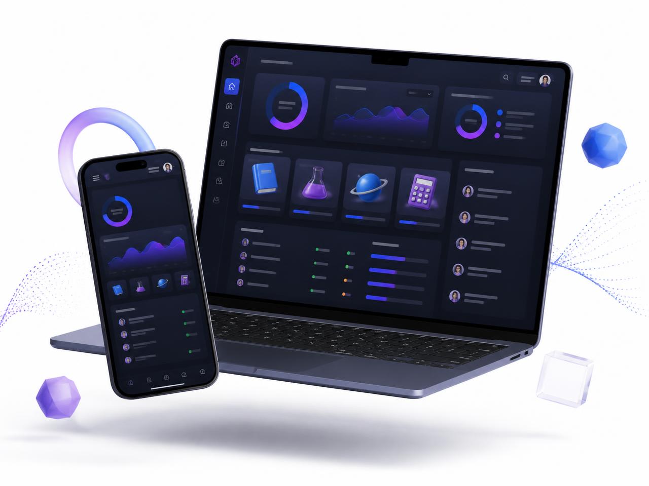 Notebook e smartphone exibindo uma interface educacional do AMETA com trilhas de estudo e gráficos de desempenho